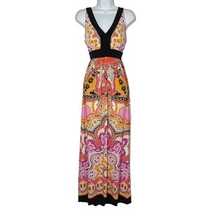 ECI NEW YORK Pink Orange Paisley Retro Print V Neck Maxi Sleeveless Dress 10 M